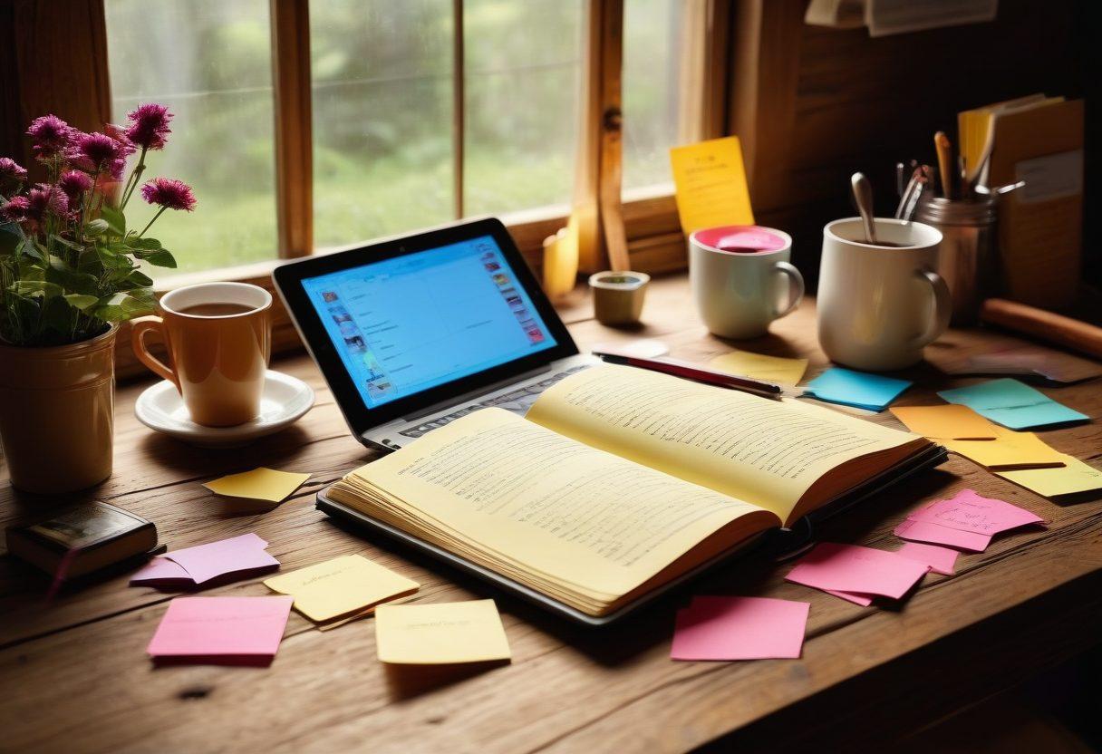 A digital diary opened on a wooden desk, with colorful sticky notes scattered around, symbolizing tips and insights. In the background, a bright light coming through a window representing inspiration. The scene includes a coffee cup beside the diary, and a laptop with a blogging interface visible on the screen. super-realistic. vibrant colors. warm ambiance.
