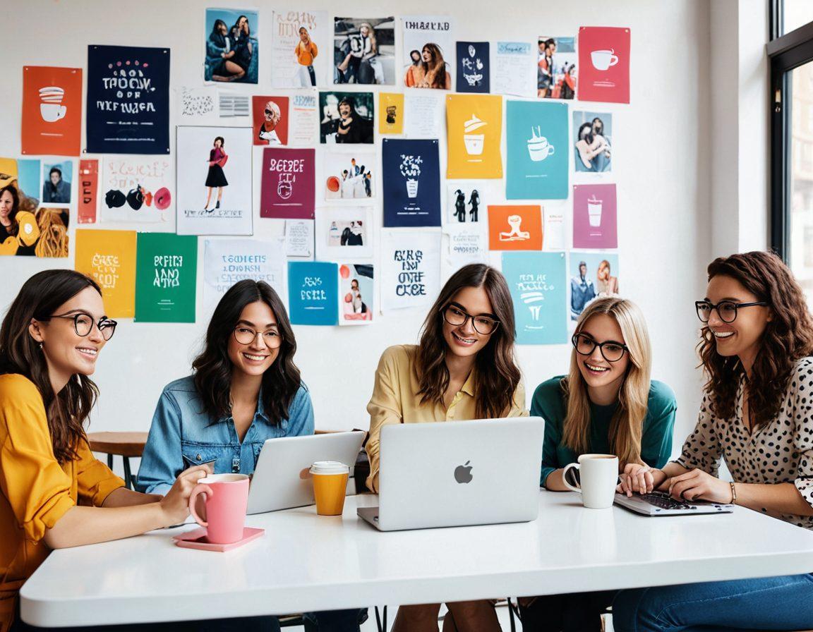 A vibrant and engaging scene showcasing a diverse group of lifestyle bloggers enthusiastically sharing trends and insights at a trendy café, surrounded by colorful laptops and notebooks. Incorporate elements like social media icons and coffee cups to symbolize connection and creativity, with an inviting ambiance. The background should feature posters of popular lifestyle themes like fashion, health, and travel, creating a lively atmosphere. super-realistic. vibrant colors. white background.