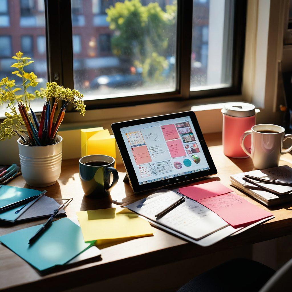 A vibrant workspace featuring an open digital diary on a sleek tablet, surrounded by colorful sticky notes, art supplies, and a steaming cup of coffee. Soft sunlight filters through a window, casting playful shadows on the desk. The atmosphere is lively and inspiring, evoking a sense of creativity and productivity. modern illustration. vibrant colors. soft lighting.